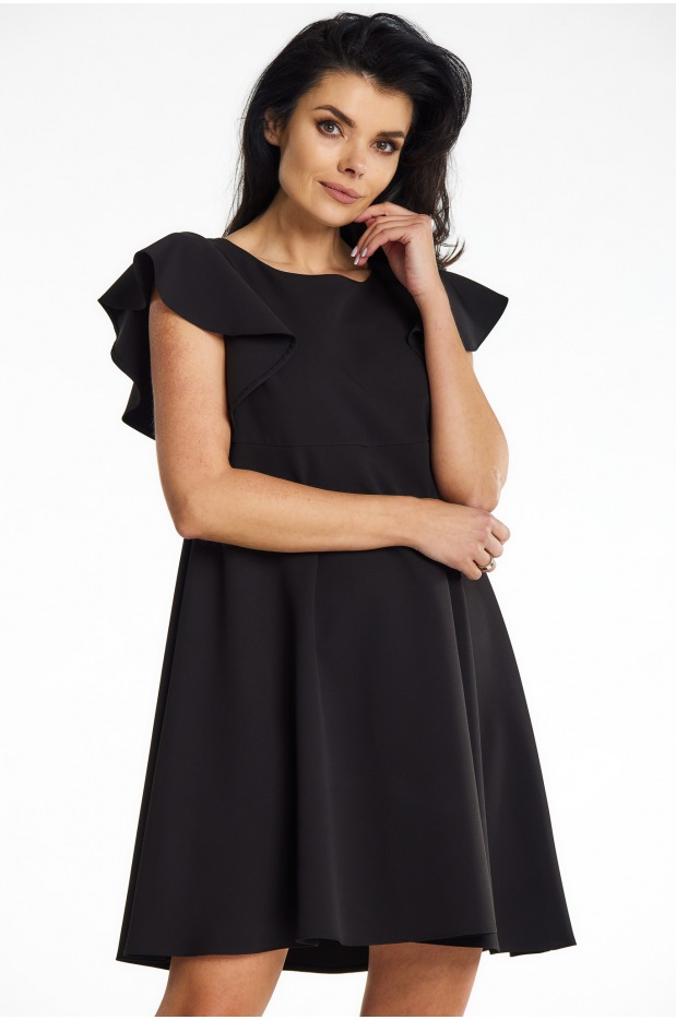 Trapezowa sukienka mini z rękawem falbaną, czarna - tył