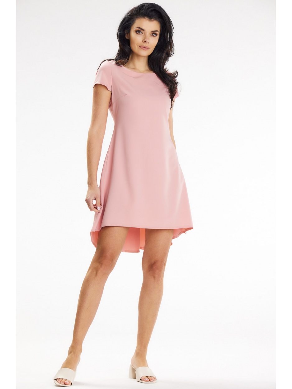 Asymetryczna sukienka mini z krótkim rękawem, pudrowy róż - tył