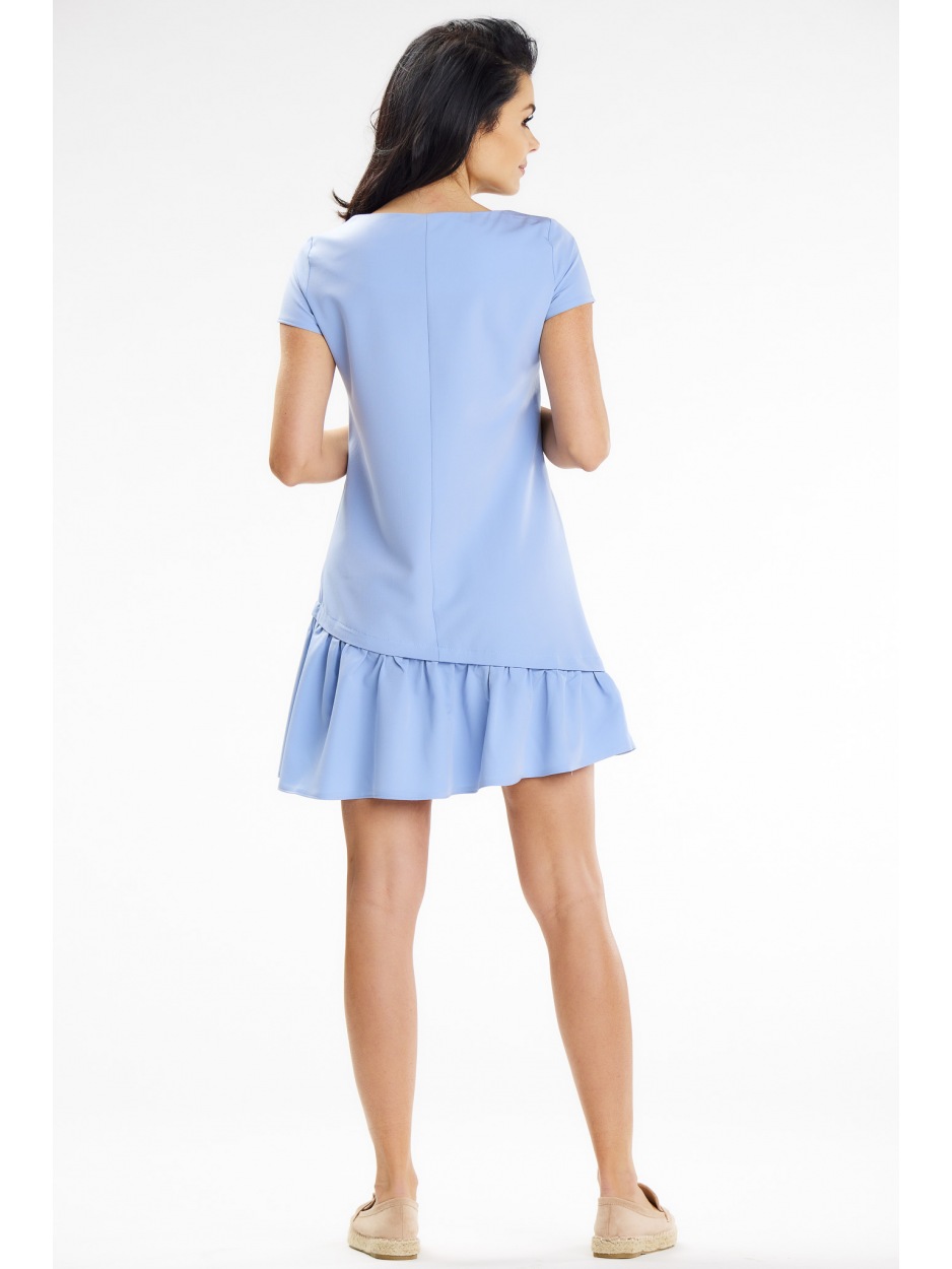 Trapezowa sukienka mini z rękawem falbaną i krótkimi rękawami, jasno niebieski - lewo