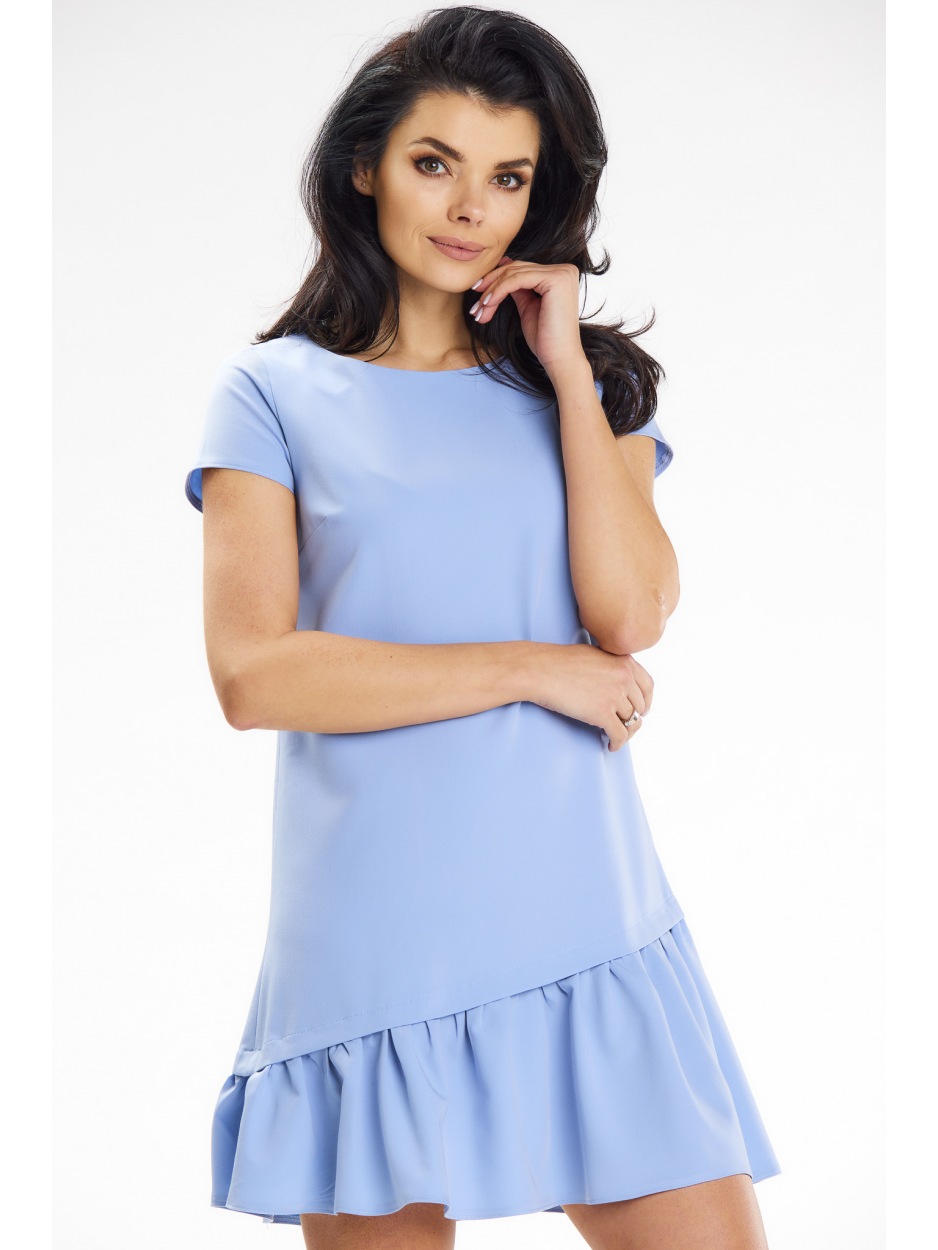 Trapezowa sukienka mini z rękawem falbaną i krótkimi rękawami, jasno niebieski - prawo