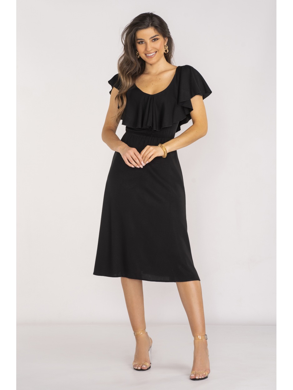 Elegancka sukienka midi z dekoltem V z wiskozy, czarna - tył