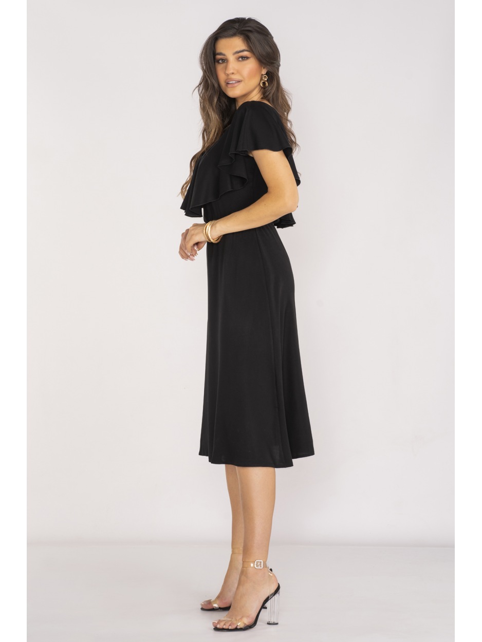 Elegancka sukienka midi z dekoltem V z wiskozy, czarna - przód