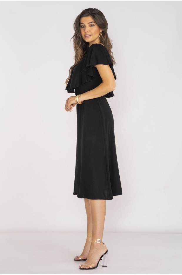 Elegancka sukienka midi z dekoltem V z wiskozy, czarna - przód