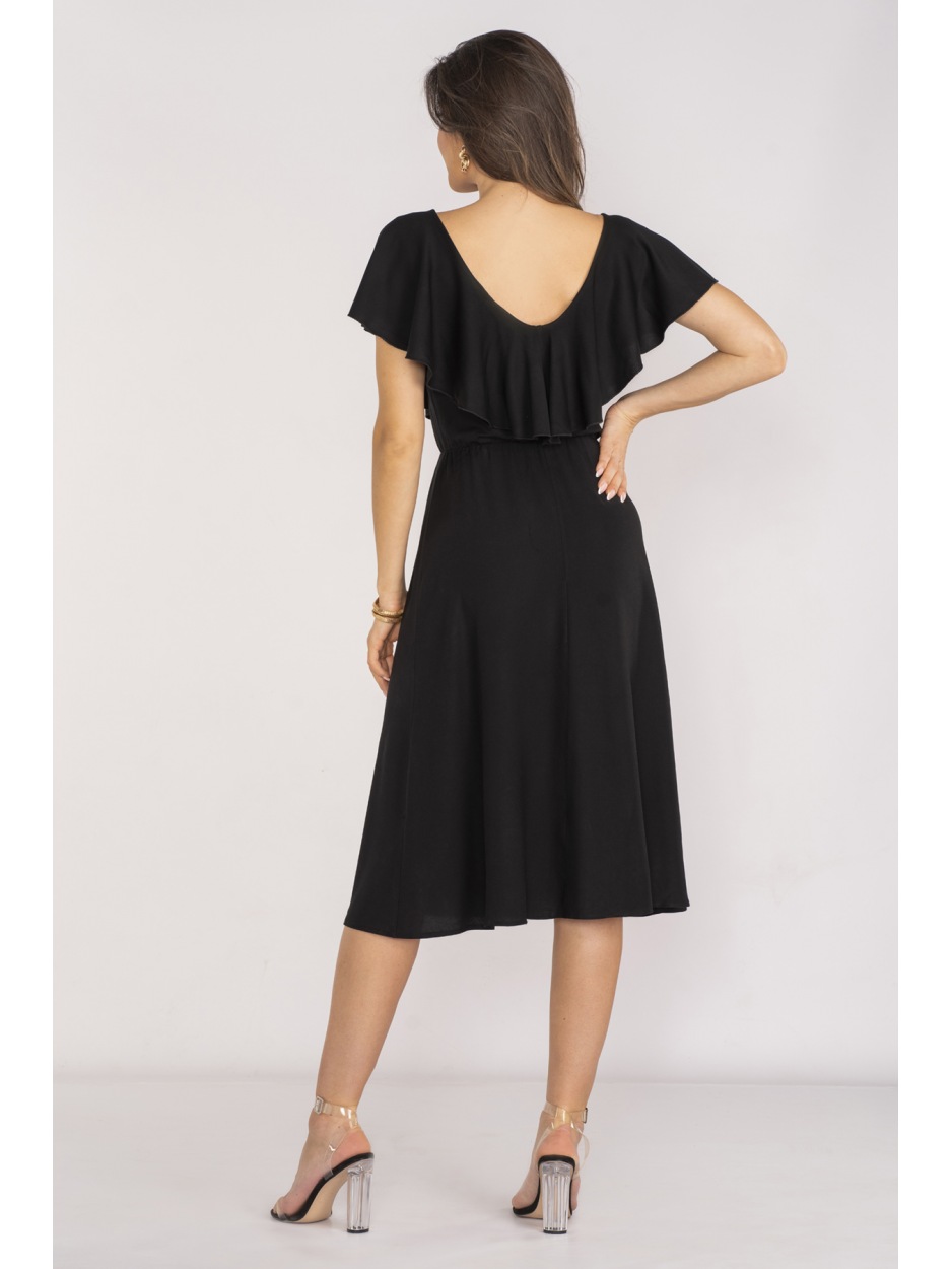 Elegancka sukienka midi z dekoltem V z wiskozy, czarna - bok