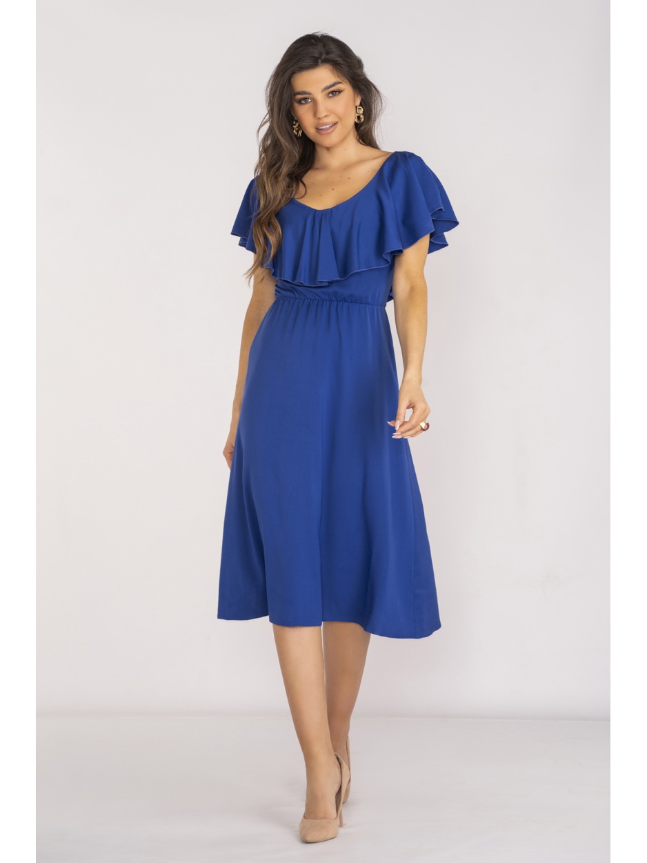 Elegancka sukienka midi z dekoltem V z wiskozy, niebieska, chabrowa - tył