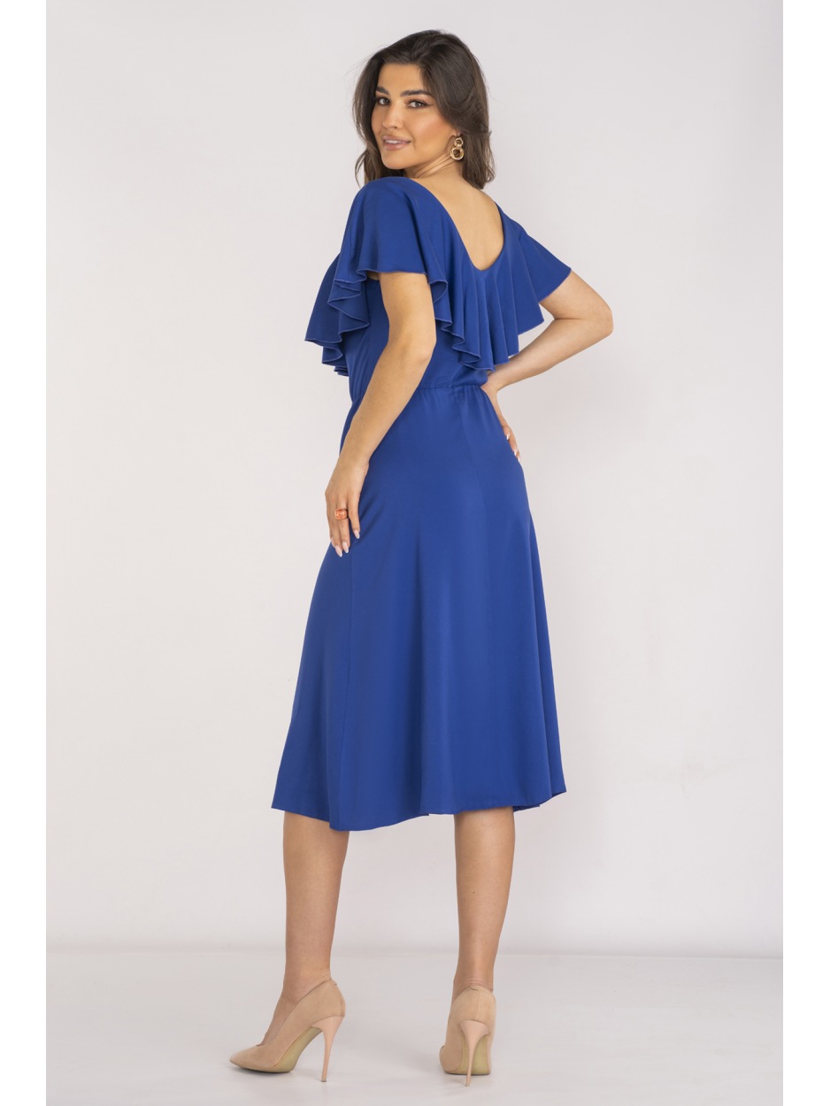 Elegancka sukienka midi z dekoltem V z wiskozy, niebieska, chabrowa - przód