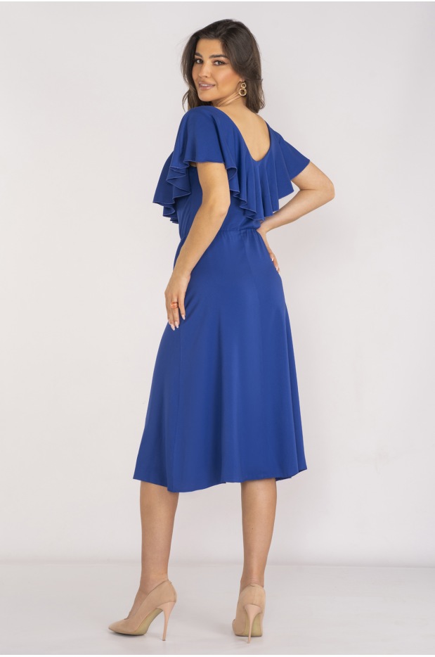 Elegancka sukienka midi z dekoltem V z wiskozy, niebieska, chabrowa - przód