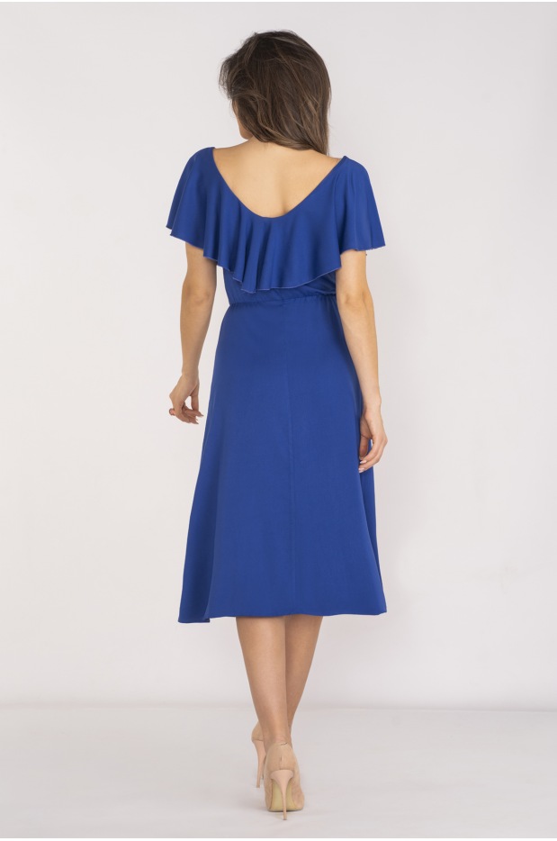 Elegancka sukienka midi z dekoltem V z wiskozy, niebieska, chabrowa - bok