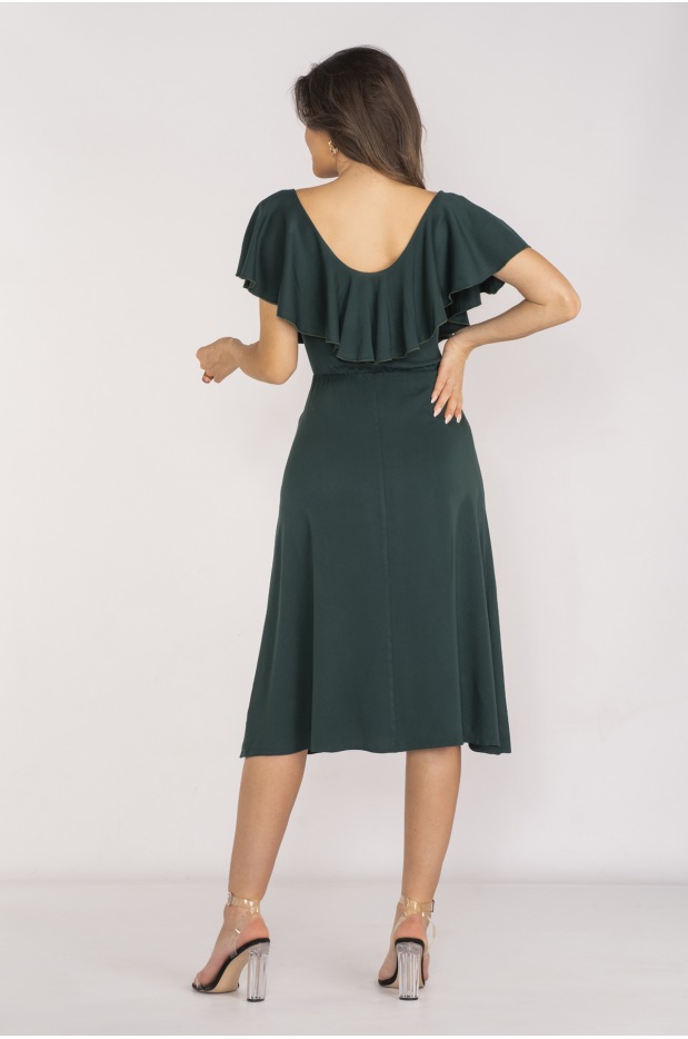 Elegancka sukienka midi z dekoltem V z wiskozy, butelkowa zieleń - bok