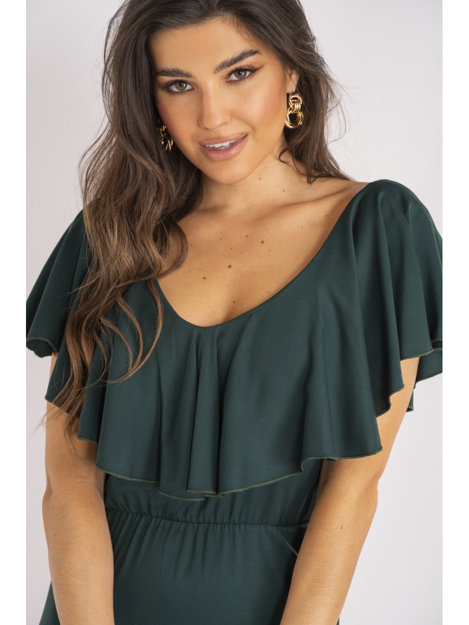 Elegancka sukienka midi z dekoltem V z wiskozy, butelkowa zieleń - lewo