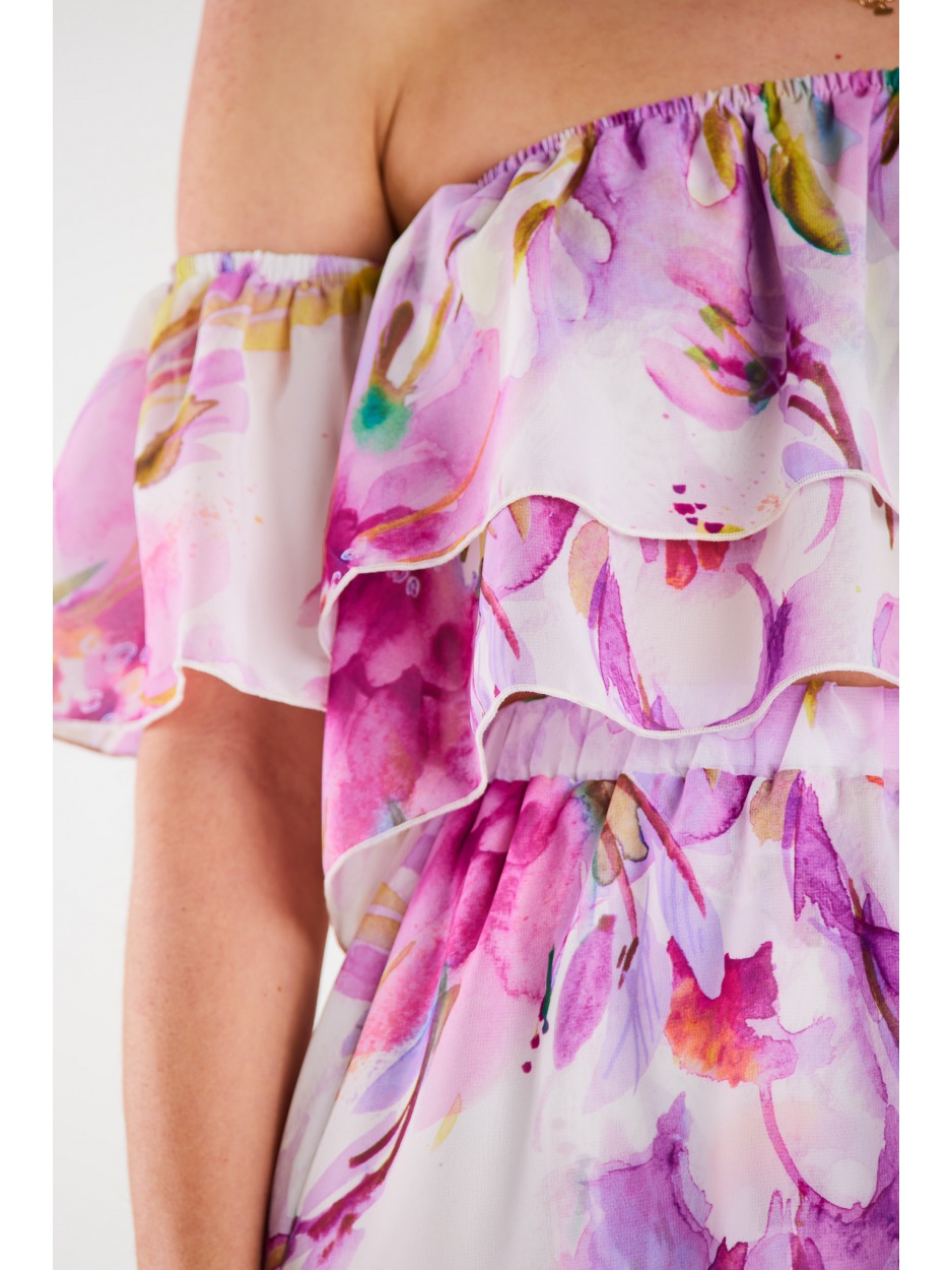 Bluzka hiszpanka z szyfonu, print fioletowe kwiaty - bok
