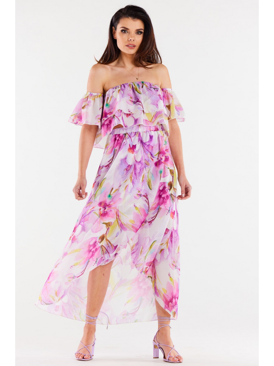 Asymetryczna spódnica maxi, fioletowe kwiaty - tył
