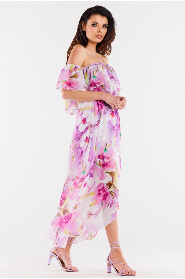 Asymetryczna spódnica maxi, fioletowe kwiaty - lewo