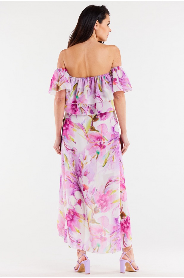 Asymetryczna spódnica maxi, fioletowe kwiaty - dół