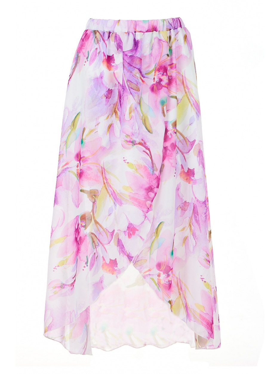Asymetryczna spódnica maxi, fioletowe kwiaty - bok