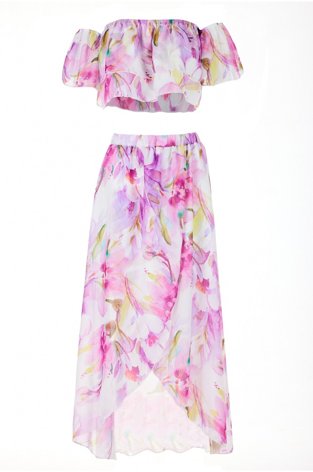 Asymetryczna spódnica maxi, fioletowe kwiaty - lewo