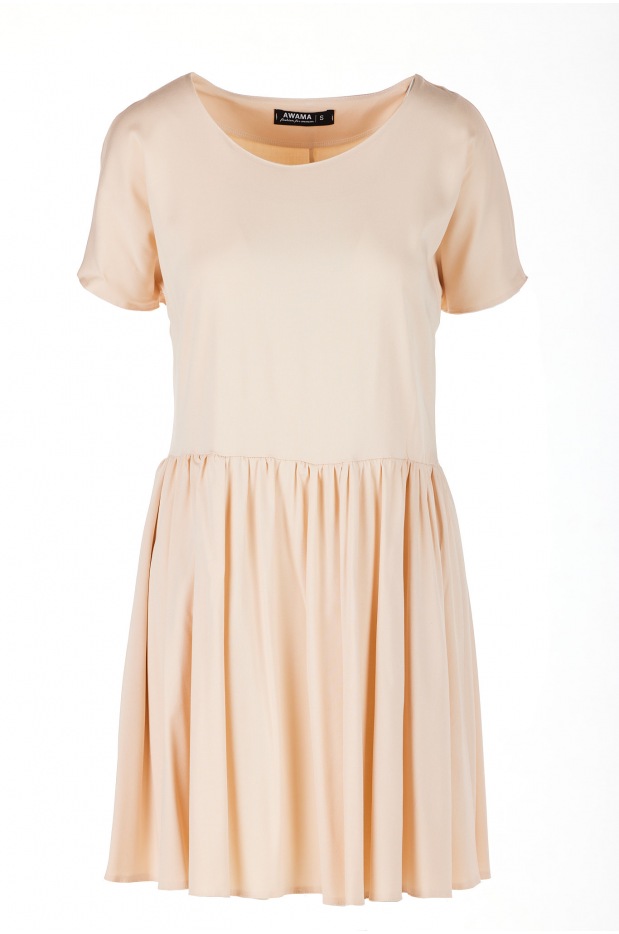 Luźna sukienka mini z wiskozy i krótkim rękawem, beżowa - lewo