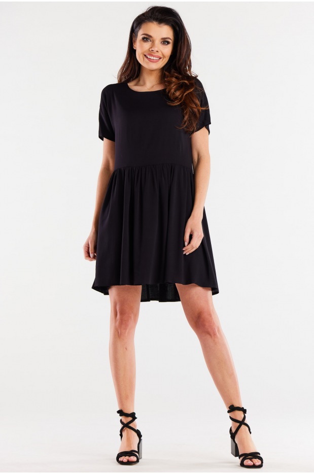Luźna sukienka mini z wiskozy i krótkim rękawem, czarna - lewo