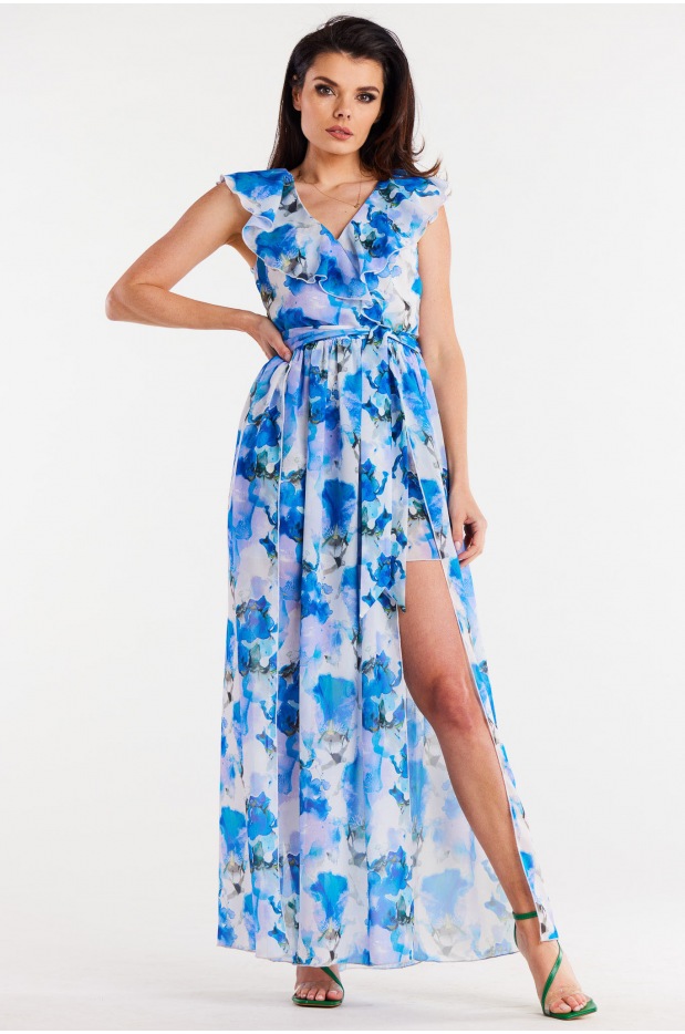 Sukienka maxi z dekoltem V z szyfonu, wzór niebieskie kwiaty - przód