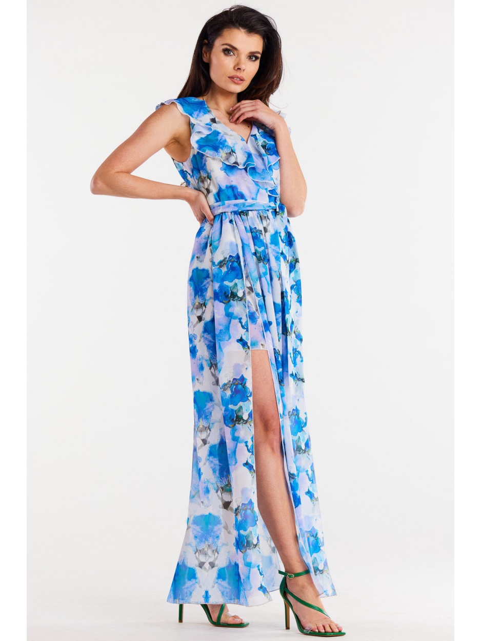 Sukienka maxi z dekoltem V z szyfonu, wzór niebieskie kwiaty - bok