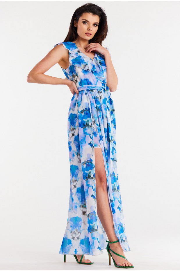 Sukienka maxi z dekoltem V z szyfonu, wzór niebieskie kwiaty - bok