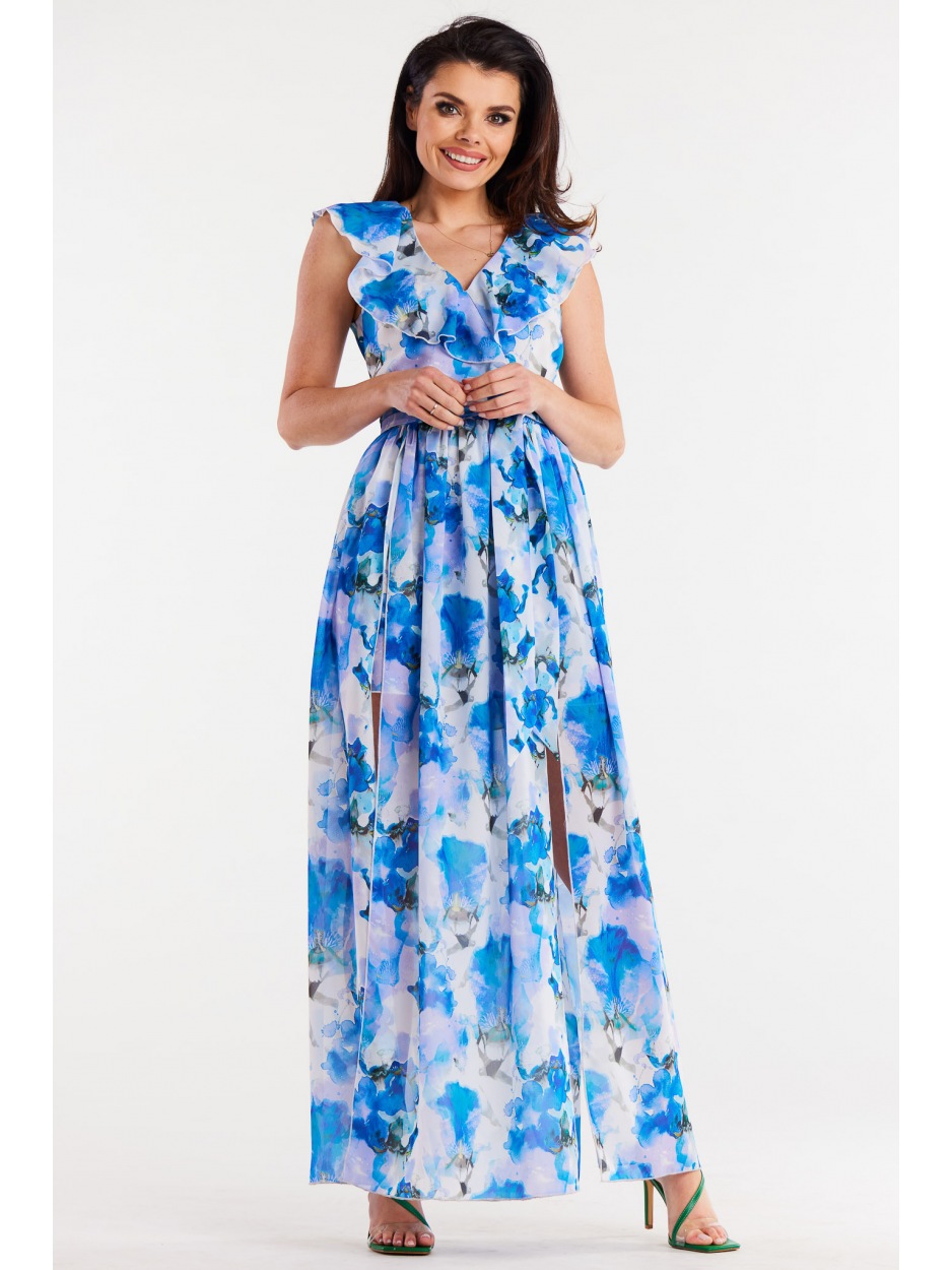 Sukienka maxi z dekoltem V z szyfonu, wzór niebieskie kwiaty - lewo