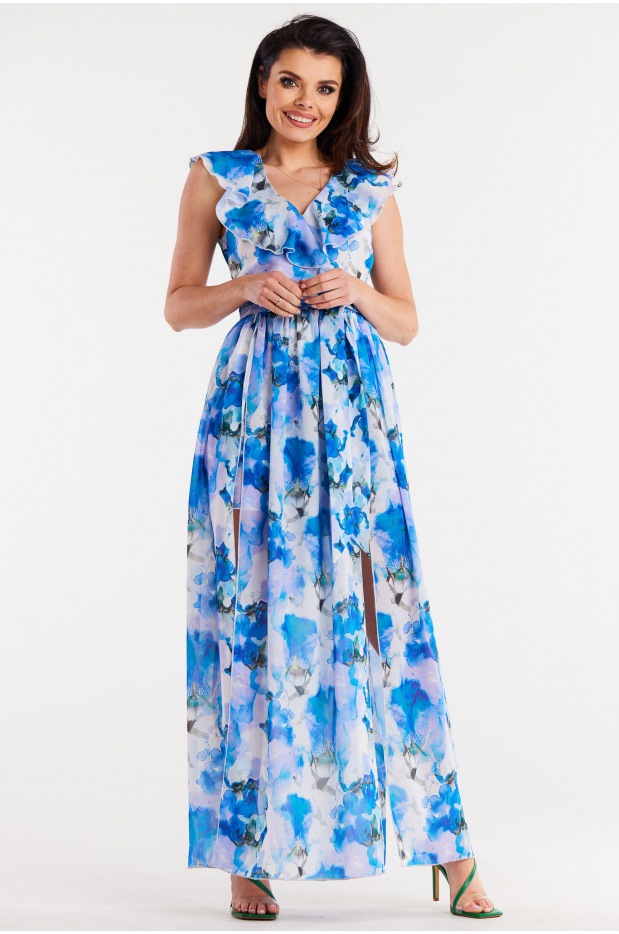 Sukienka maxi z dekoltem V z szyfonu, wzór niebieskie kwiaty - lewo
