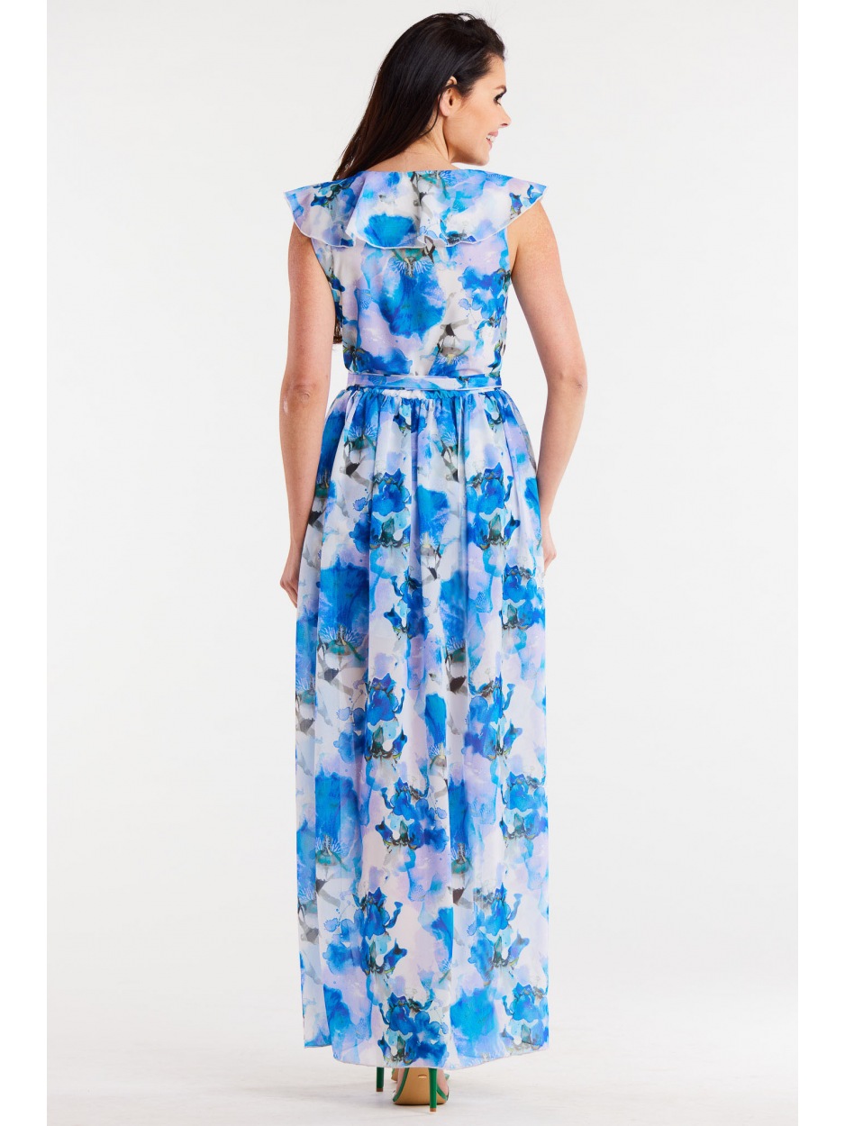 Sukienka maxi z dekoltem V z szyfonu, wzór niebieskie kwiaty - prawo