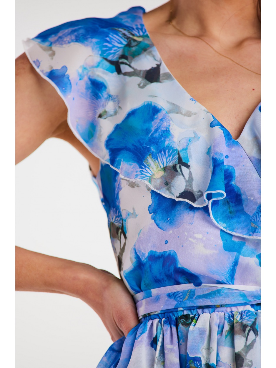 Sukienka maxi z dekoltem V z szyfonu, wzór niebieskie kwiaty - góra