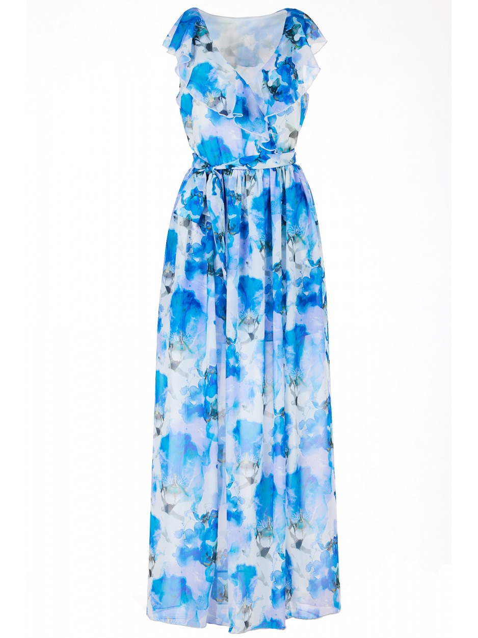 Sukienka maxi z dekoltem V z szyfonu, wzór niebieskie kwiaty - dół