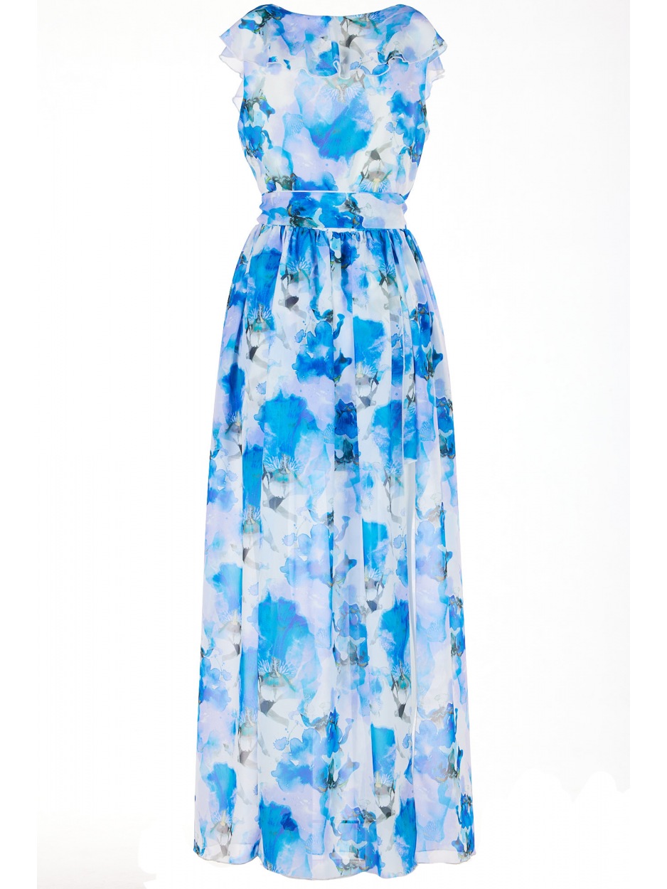 Sukienka maxi z dekoltem V z szyfonu, wzór niebieskie kwiaty - detal