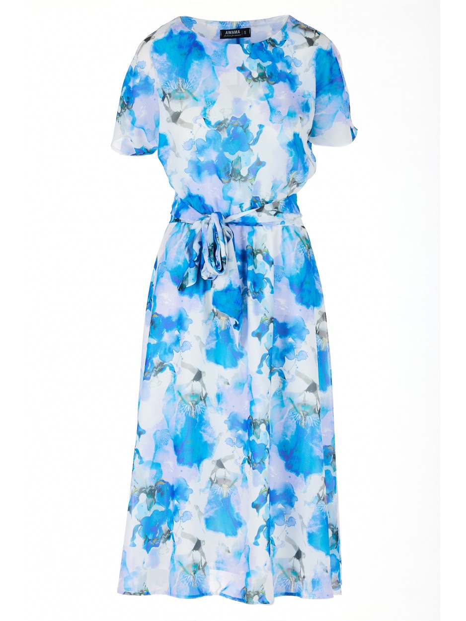 Kimonowa sukienka midi z krótkim rękawem, niebieskie kwiaty - góra