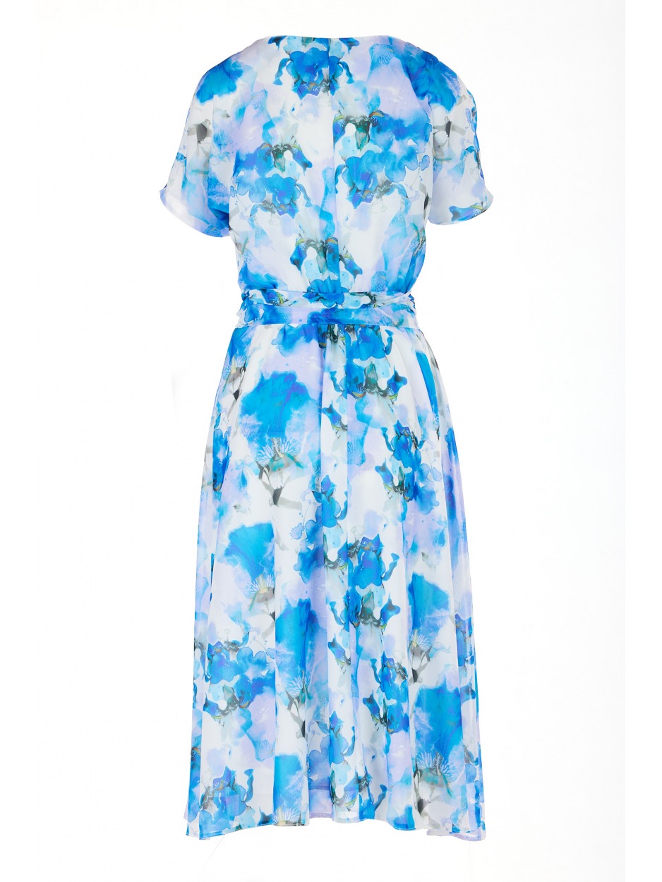 Kimonowa sukienka midi z krótkim rękawem, niebieskie kwiaty - dół