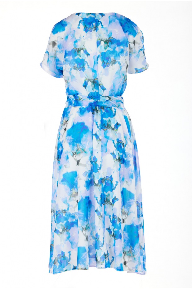 Kimonowa sukienka midi z krótkim rękawem, niebieskie kwiaty - dół