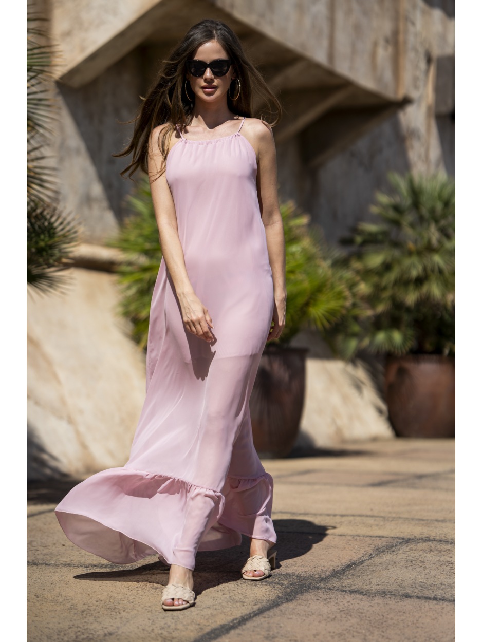 Oversizowa sukienka maxi z szyfonu, pudrowy róż - tył