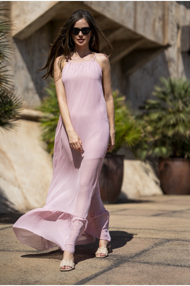 Oversizowa sukienka maxi z szyfonu, pudrowy róż - tył