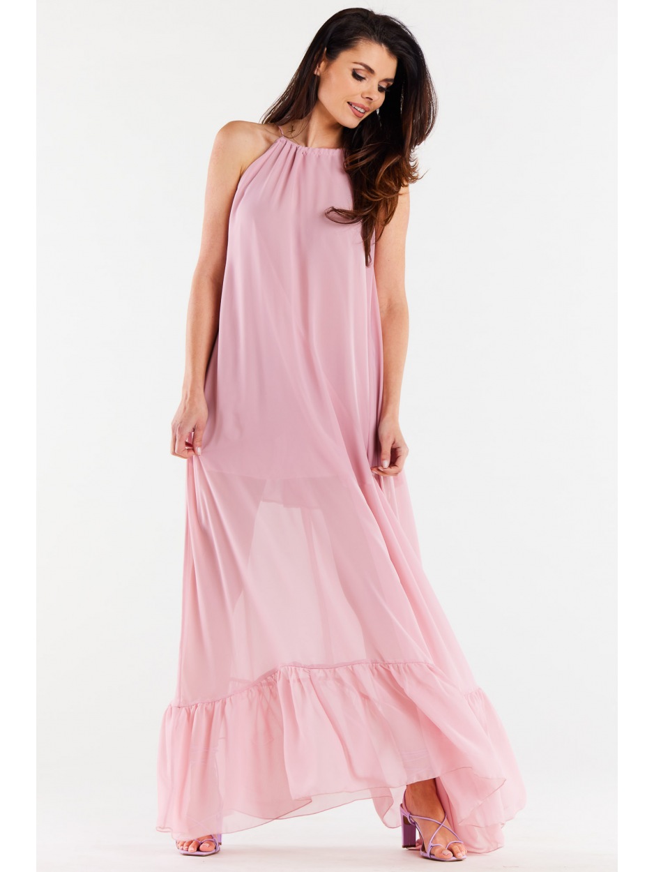 Oversizowa sukienka maxi z szyfonu, pudrowy róż - przód