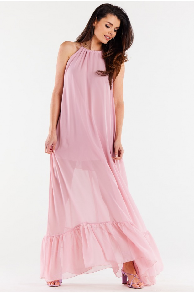 Oversizowa sukienka maxi z szyfonu, pudrowy róż - przód