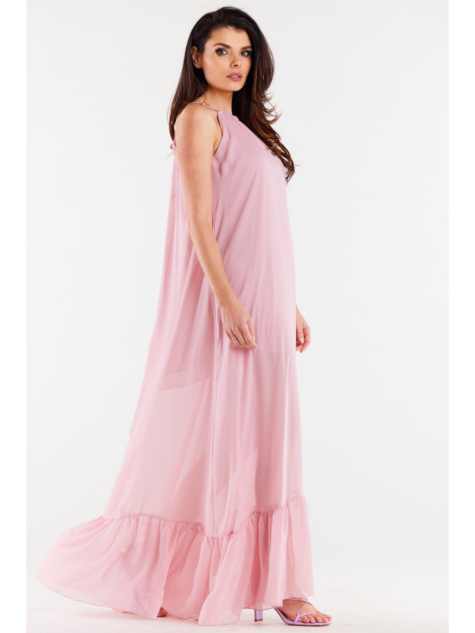 Oversizowa sukienka maxi z szyfonu, pudrowy róż - bok