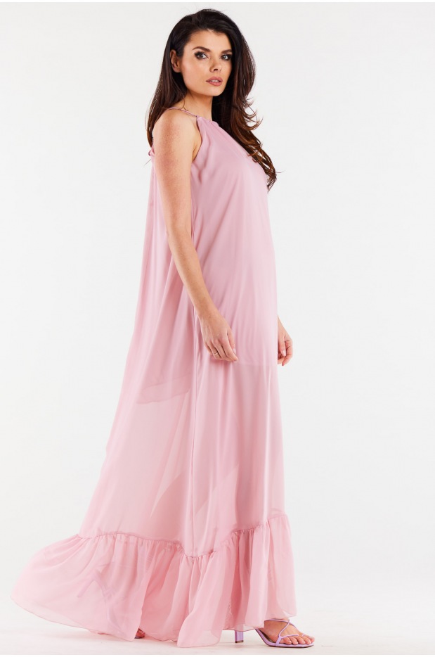 Oversizowa sukienka maxi z szyfonu, pudrowy róż - bok