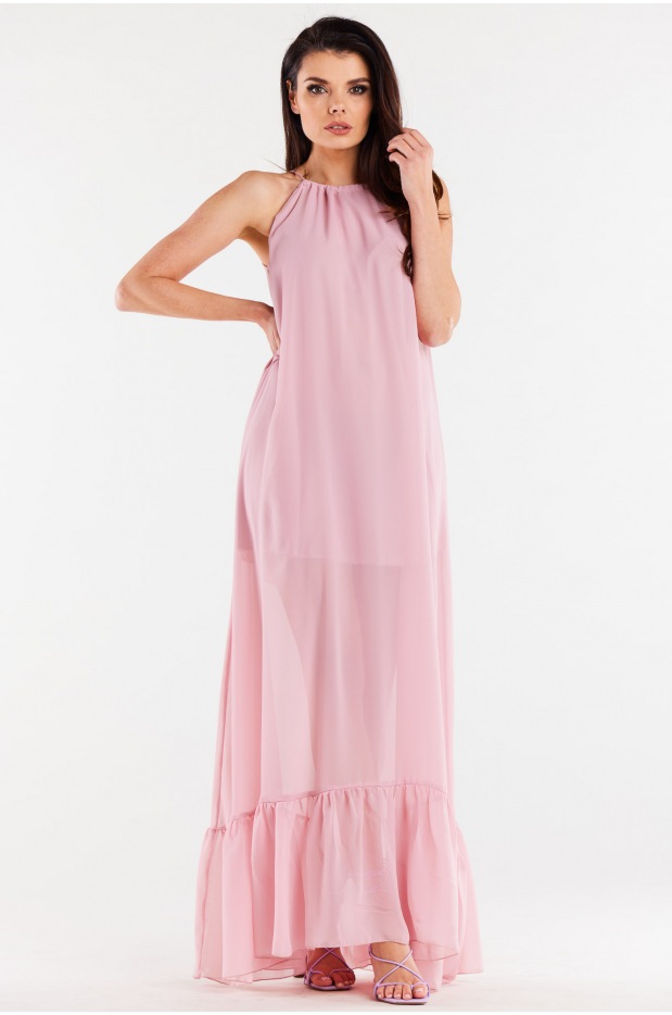 Oversizowa sukienka maxi z szyfonu, pudrowy róż - lewo