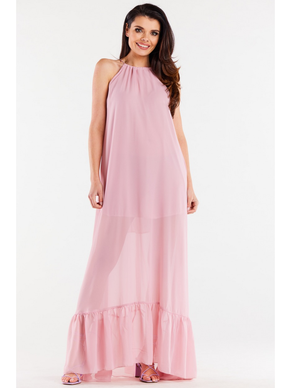 Oversizowa sukienka maxi z szyfonu, pudrowy róż - prawo