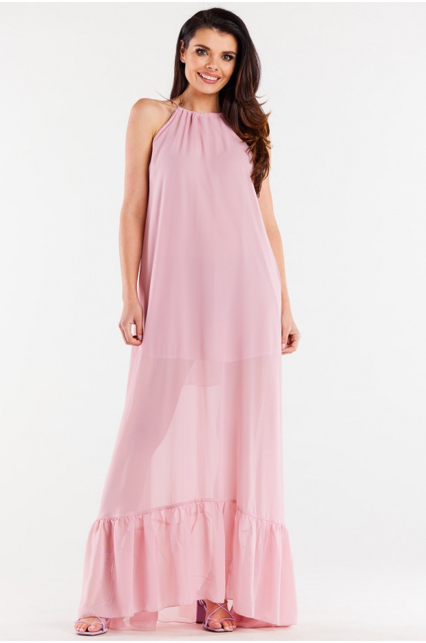 Oversizowa sukienka maxi z szyfonu, pudrowy róż - prawo