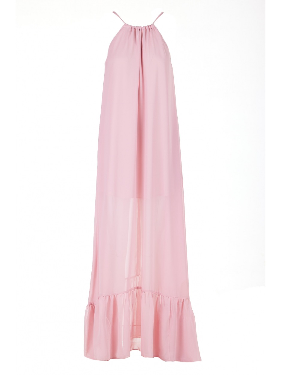 Oversizowa sukienka maxi z szyfonu, pudrowy róż - detal