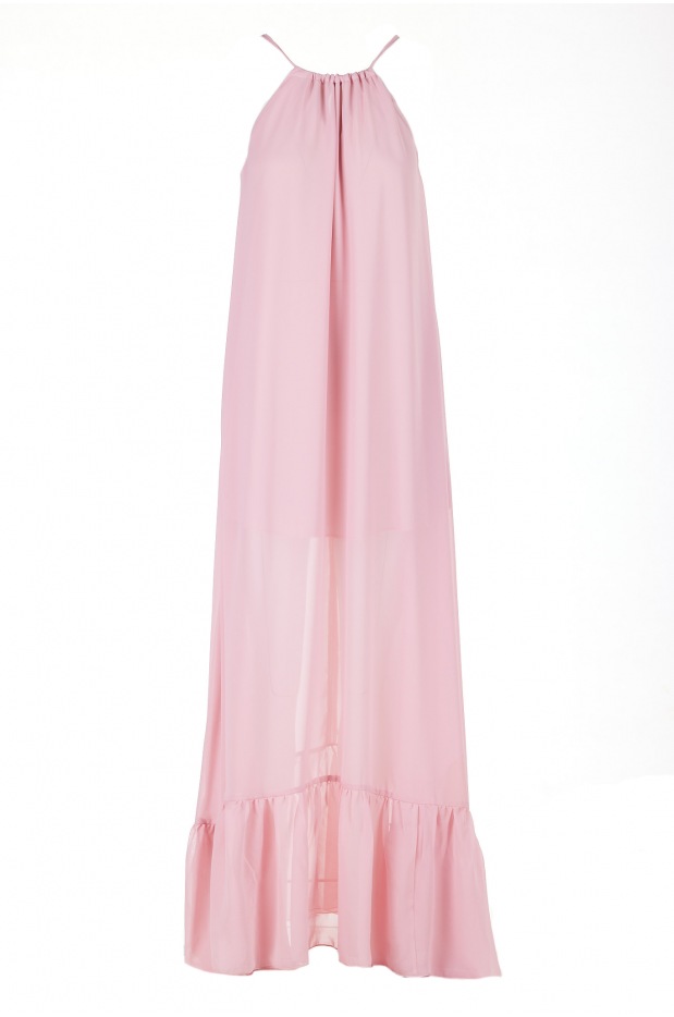 Oversizowa sukienka maxi z szyfonu, pudrowy róż - detal
