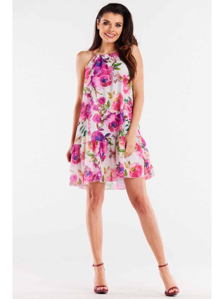 Trapezowa sukienka mini z na ramiączkach z szyfonu, wzór różowe kwiaty - tył