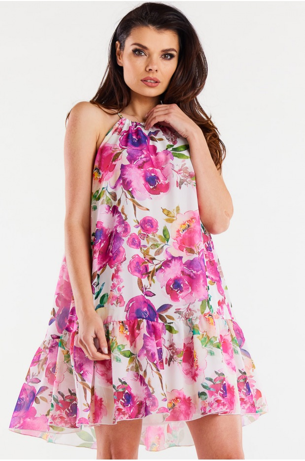Trapezowa sukienka mini z na ramiączkach z szyfonu, wzór różowe kwiaty - przód