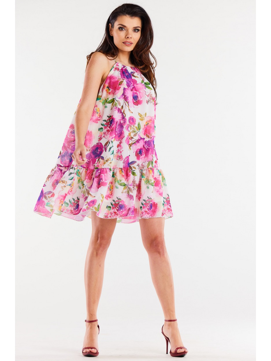 Trapezowa sukienka mini z na ramiączkach z szyfonu, wzór różowe kwiaty - bok