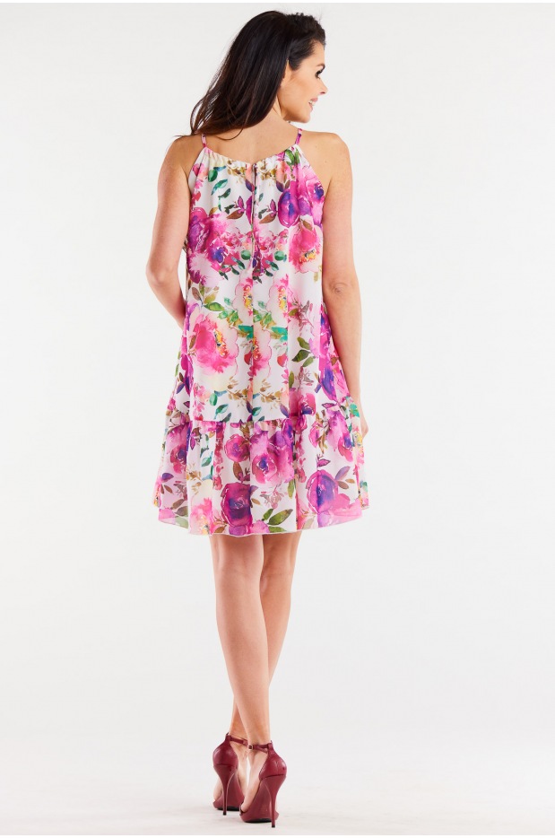 Trapezowa sukienka mini z na ramiączkach z szyfonu, wzór różowe kwiaty - prawo