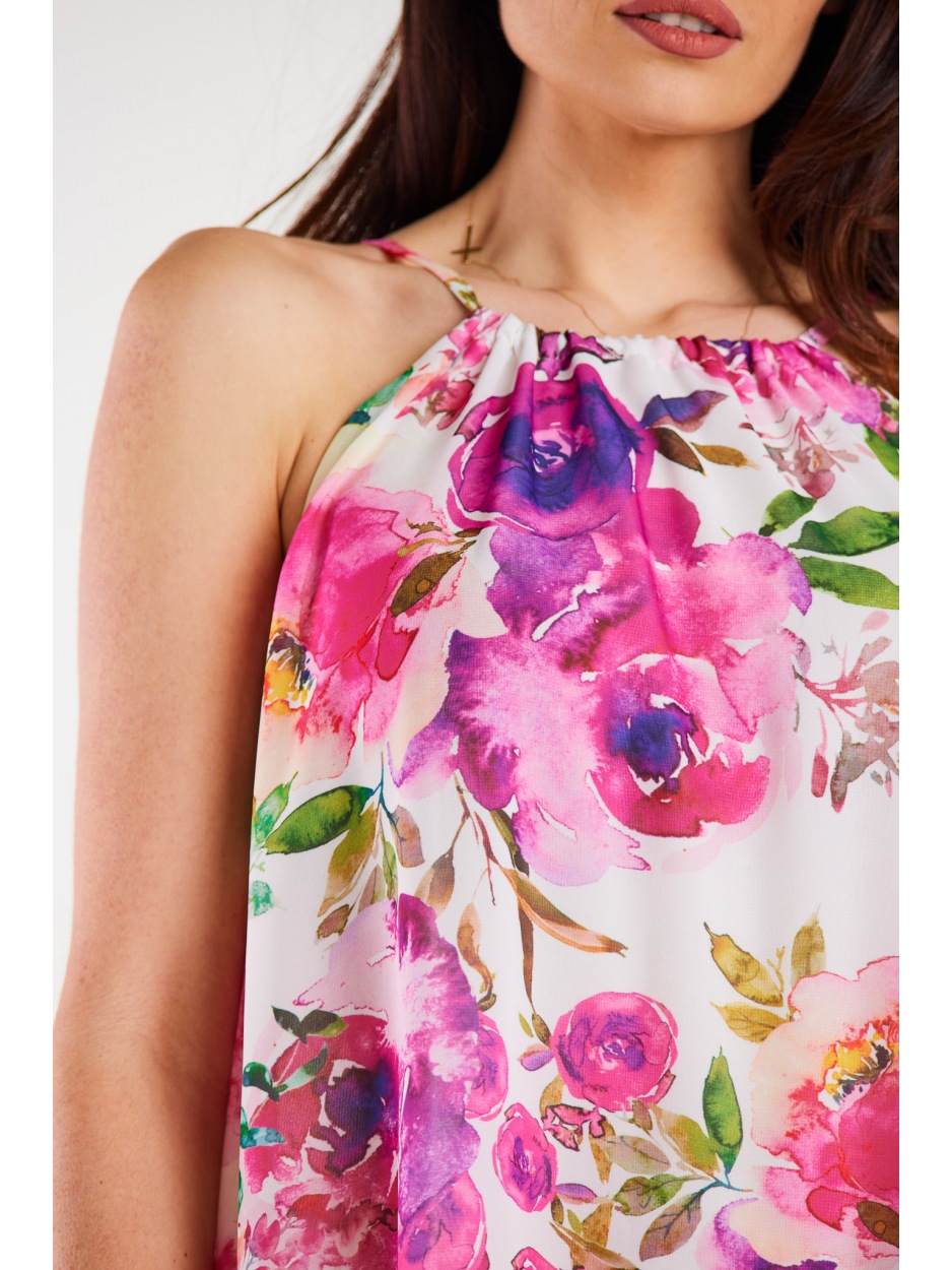 Trapezowa sukienka mini z na ramiączkach z szyfonu, wzór różowe kwiaty - góra